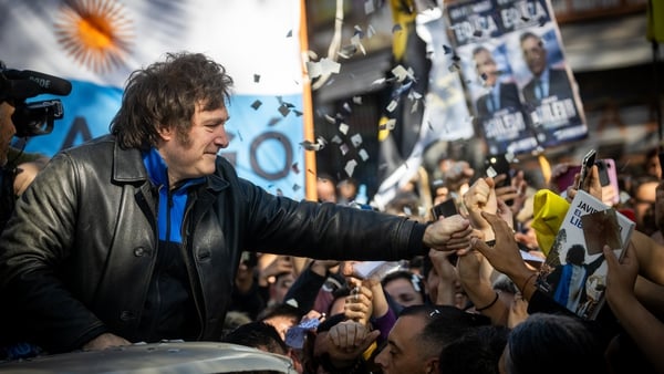 Presidential candidate Javier Milei of La Libertad Avanza interacts with supporters during a rally on September 25, 2023 in San Martin, Buenos Aires, Argentina. (Photo: Getty Images