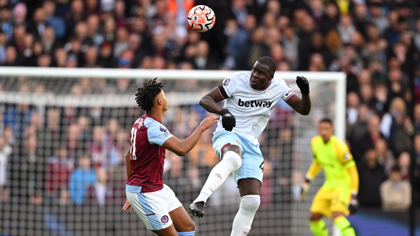 West Ham's Kurt Zouma heads the ball during the Europa Conference