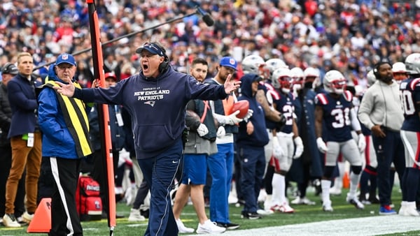 Bill Belichick, head coach of the New England Patriots, reacts after a call during the second half against the Buffalo Bills