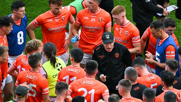 Kieran McGeeney speaks to his players during the All-Ireland SFC quarter-final against Monaghan