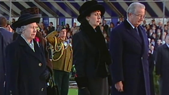 Queen Elizabeth II, President Mary McAleese and King Albert II of Belgium at the inauguration of the Irish Peace Tower in Messines, Belgium, 1998.