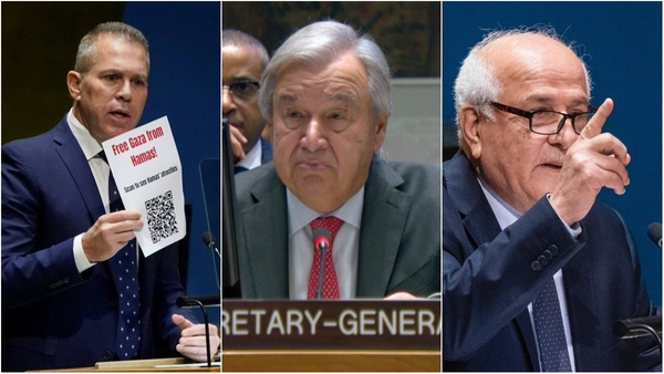Israeli UN Ambassador Gilad Erdan, UN Secretary General Antonio Guterres and Palestinian UN Ambassador Riyad Mansour, have been protagonists in a tense week at the UN.