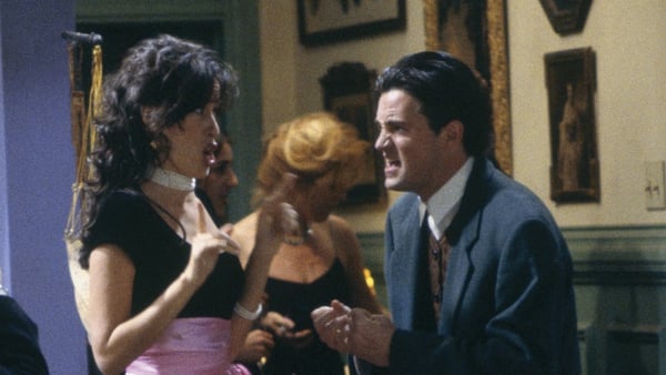 Maggie Wheeler as Janice and Matthew Perry as Chandler on the set of Friends