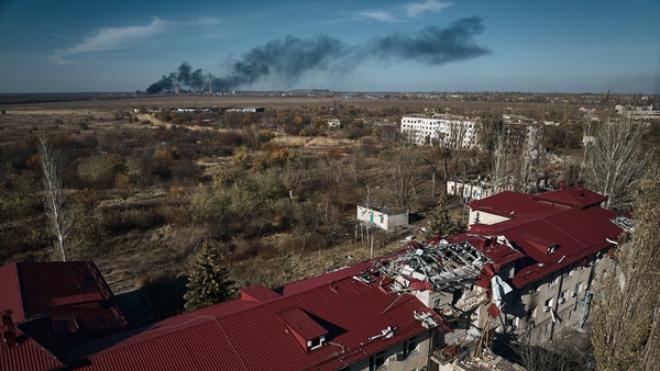 An aerial view of Avdiivka after a Russian airstrike on a coke plant which is seen in the distance (File image)