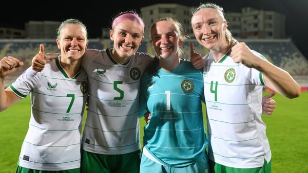 (L to R): Diane Caldwell, Caitlin Hayes, Courtney Brosnan and Louise Quinn celebrate the win in Albania