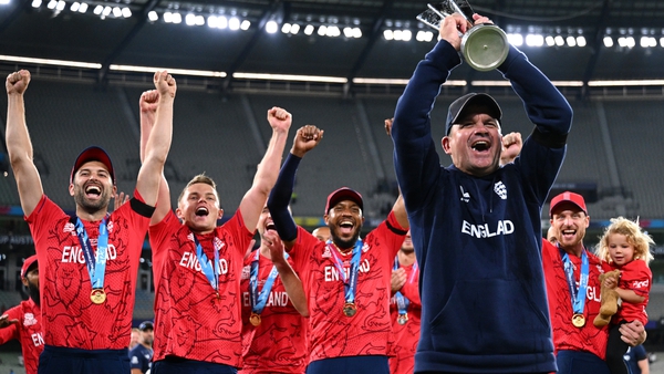 Matthew Mott celebrates winning the T20 World Cup with England in November 2022