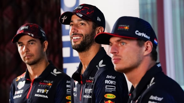 (L to r) Sergio Perez, Daniel Ricciardo and Max Verstappen