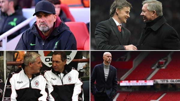 Clockwise from top left: Jurgen Klopp; Ole Gunnar Solskjaer with Alex Ferguson; Erik ten Hag; Roy Evans (L) with Gerard Houllier