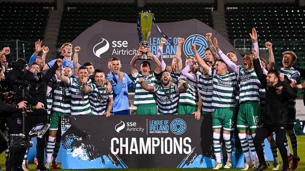 Shamrock Rovers hoisting the league title trophy for the fourth year in a row at the end of the 2023 season