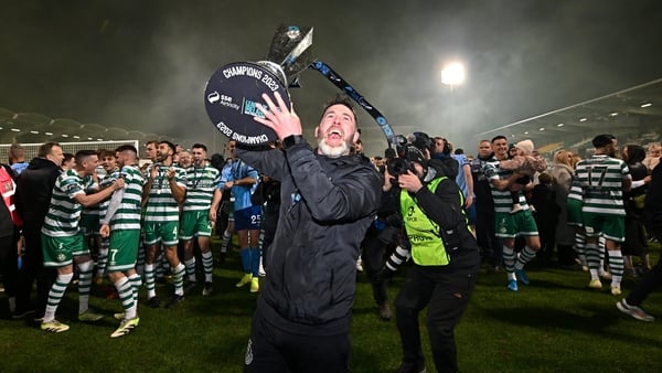 Stephen Bradley celebrates with the league trophy at Tallaght Stadium