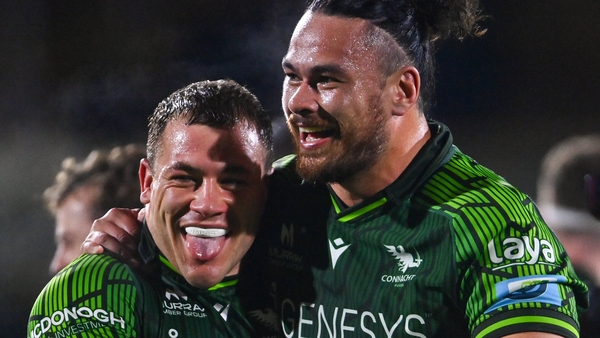 Tadhg McElroy and Dominic Robertson-McCoy celebrate after the final whistle