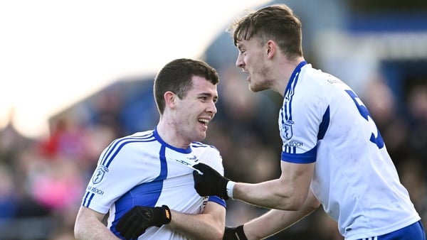 Eoghan Prizeman, left, and Paddy McDermott celebrate the former's goal, Naas' second