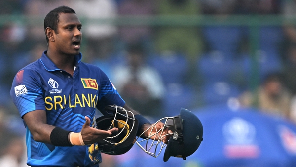 Sri Lanka's Angelo Mathews reacts after he was timed out