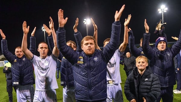 Damien Duff celebrates Shels' victory at Drogheda United in the final league game of the season