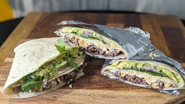 Use this handy hack for making these satisfying beef and guac wraps!