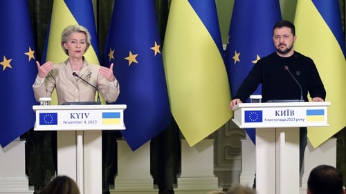 Ursula von der Leyen and Volodymyr Zelensky speaking at a press conference in Kyiv on 4 November