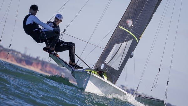 Robert Dickson, left, and Sean Waddilove, right, in action at the 49er European Championships in Portugal