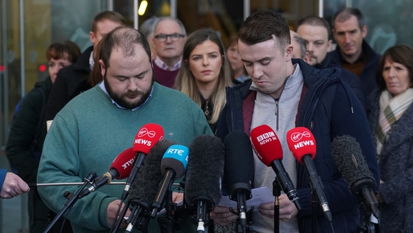 Ashling Murphy's brother Cathal and her boyfriend Ryan Casey speak outside court