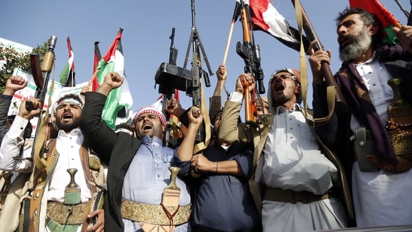 Yemen's Houthi supporters protest against Israel on 18 October in Sana'a, Yemen