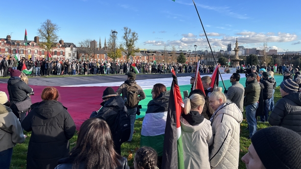 Several hundred protesters took part in the pro-Palestine rally in Dunville Park in Belfast