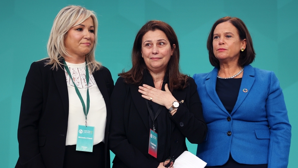 Michelle O'Neill and Mary Lou McDonald with Palestinian Ambassador to Ireland Dr Jilan Wahba Abdalmajid at the Ard Fheis (Pic: RollingNews.ie)