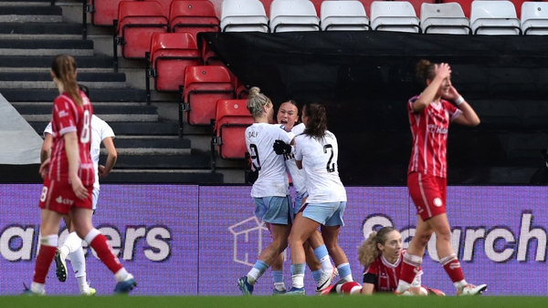 Aston Villa players celebrate after a Megan Connolly own goal gave them the lead in their WSL clash against Bristol City