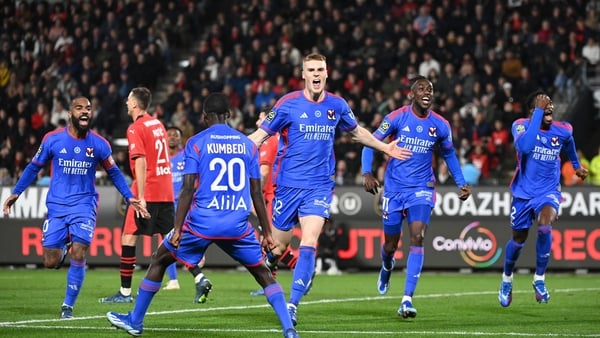 Jake O'Brien celebrates scoring the winner for Lyon in their 1-0 victory over Rennes on Sunday