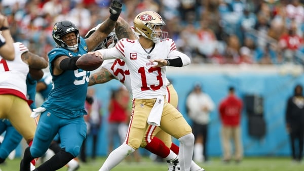 San Francisco 49ers quarterback Brock Purdy completed 19 of 26 passes for 296 yards and three touchdowns in the win over the Jacksonville Jaguars