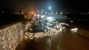 The tidal surge brought about by Storm Debi flattened part of the seawall on Maree Road, Oranmore, Co Galway