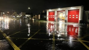 Flood water encroaches on a fire station in Salthill, Co Galway