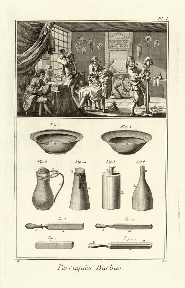 An 18th century book showing a periwig maker