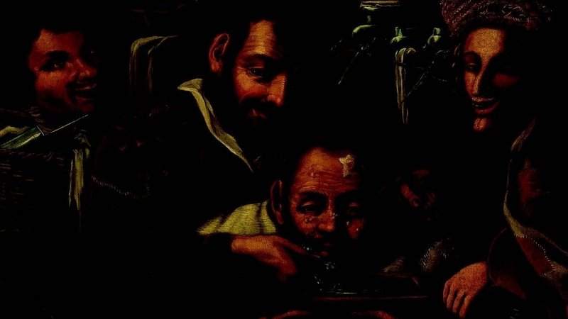 A barber surgeon attending to a man's forehead. An oil painting from the Wellcome Collection which appears in Every Branch of the Healing Art: A History of the Royal College of Surgeons in Ireland