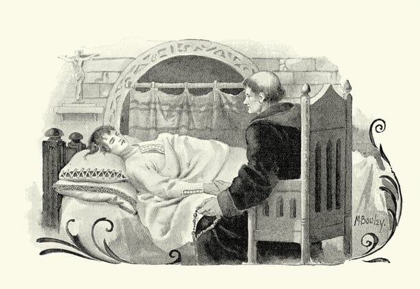 Artist's impression of medieval monk tending to the sick. Black and white drawing. 