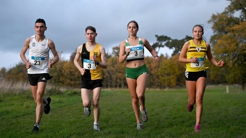 (L to r) Keelan Kilrehill, Cathal O'Reilly, Avril Millerick and Roise Roberts at the launch of the 123.ie National Senior and Even Age Cross Country Championships