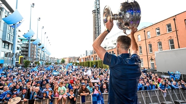 Brian Fenton with the Sam Maguire Cup in Smithfield Square in July