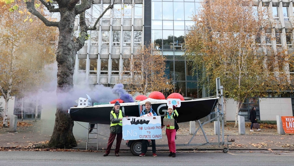 The group from Extinction Rebellion Ireland parked a boat outside the department's building on Adelaide Road in Dublin