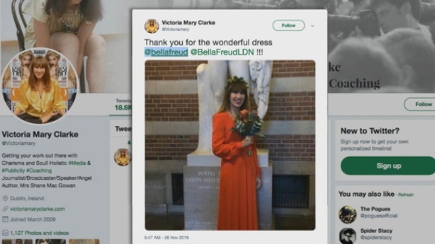 Victoria Mary Clarke in her Bella Freud wedding dress, pictured on Twitter (2018)