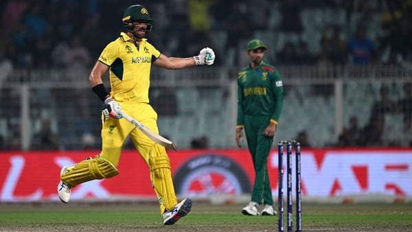 Mitchell Starc celebrates Australia's win at the end of the second semi-final