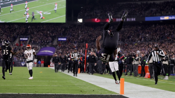Nelson Agholor of the Baltimore Ravens with an acrobatic celebration following his touchdown against the Cincinnati Bengals