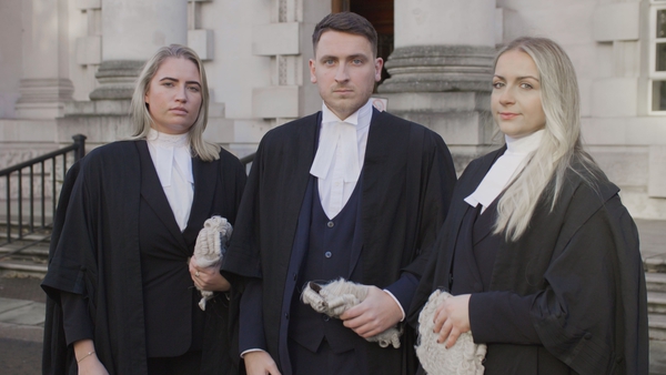 (L-R) Aoife Marken, Thomas Thibodeau and Taryn Graham are part of the wider group of criminal barristers on strike today