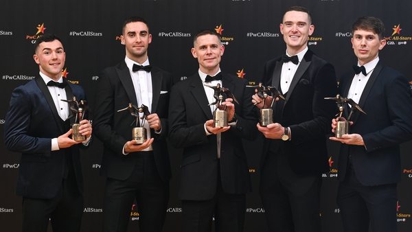 Dublin's Colm Basquel, James McCarthy, Stephen Cluxton, Brian Fenton, and Michael Fitzsimons, with their PwC GAA/GPA All-Star Awards