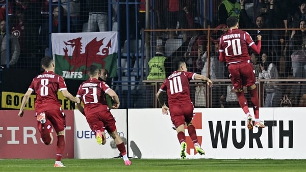 Armenia's Lucas Zelarayan celebrates his goal against Wales