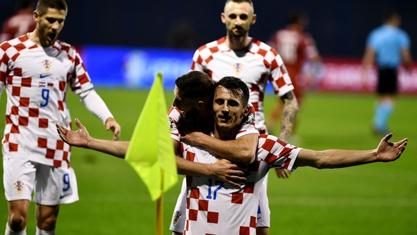 Ante Budimir (C) celebrates after scoring for Croatia