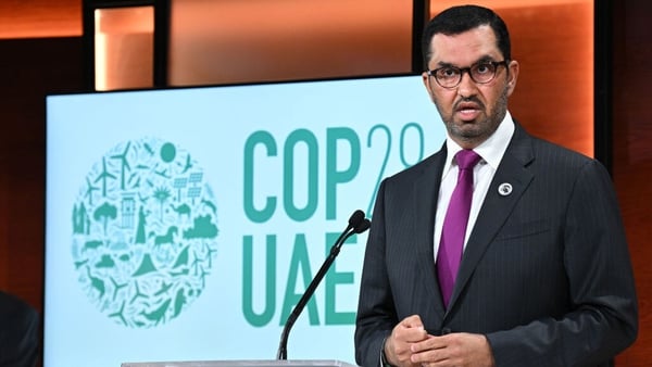 Dr Sultan Al Jaber speaks on stage as COP28 President-Designate