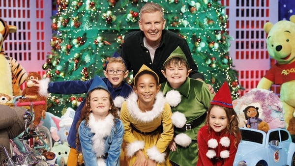 Patrick Kielty pictured with Poppy Madden (6) from Carlow, Danny Sheehan (8) from Wexford, Layla Ibegu (10), Kyle Deane (8) and Darcy Ramsbottom (6), revealing the theme for this year's Late Late Toy Show