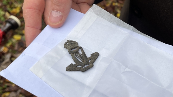 An insignia of the Royal Irish Regiment, discovered in a field in Silesia, southern Poland