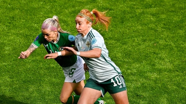 Rachel Furness (R) in action against Denise O'Sullivan at the Aviva Stadium in September