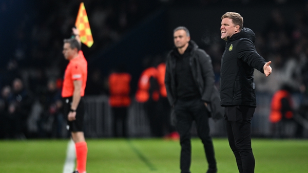 Eddie Howe cuts an animated figure on the touchline at the Parc des Princes