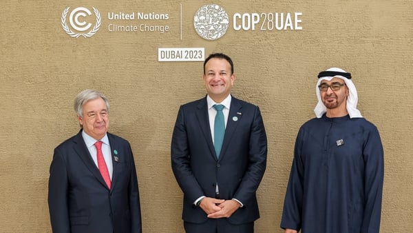 Leo Varadkar with United Nations Secretary-General António Guterres (L) and President of UAE Mohamed bin Zayed Al Nahyan (R) at the COP28 conference