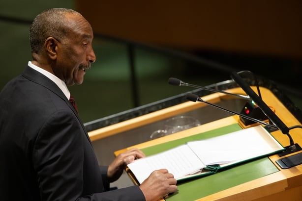 Abdel Fattah al-Burhan, Sudan's president, speaks during the United Nations General Assembly (UNGA) in New York, US, on Thursday, Sept. 21, 2023
